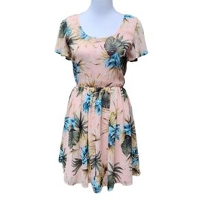 Just Me Pink Floral Mixed Sun Dress Flutter Sleeve Lace-Up Open Back